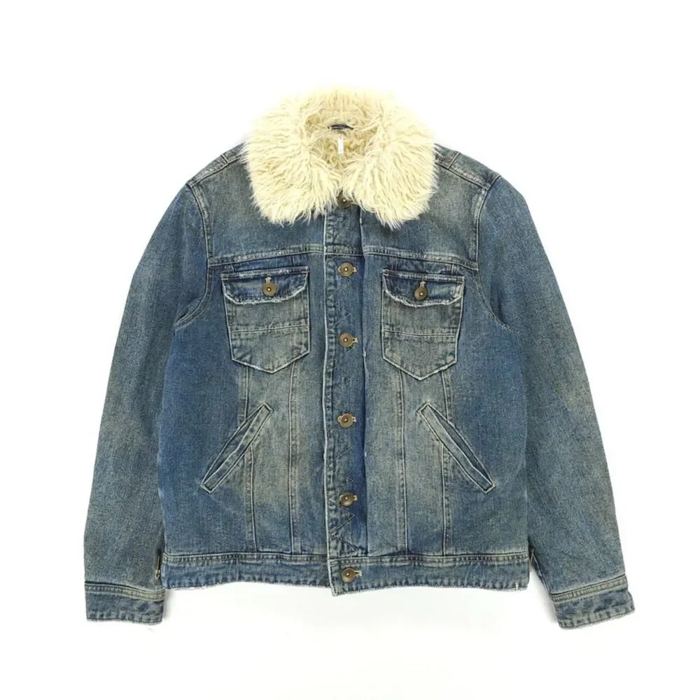 FREE PEOPLE Shaggy Fur Denim Trucker Jacket Festival Boho Indie Downtown Girl - Picture 6 of 13